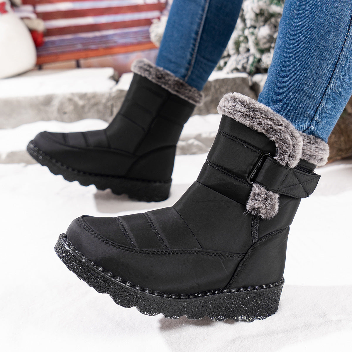 Women's Snow Boots With Rabbit Fur And Velcro Closure