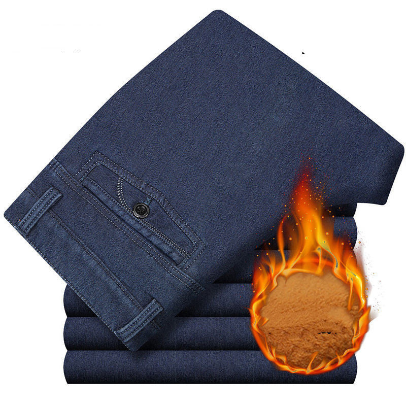 Men's High-waisted Deep-gear Jeans With Velvet Thickening To Keep Warm Autumn And Winter Stretch