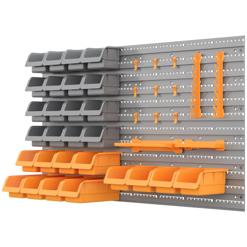 DURHAND 44 Piece Wall Mounted Pegboard Tool Organizer Rack Kit With Various Sized Storage Bins, Pegboard, & Hooks, Orange