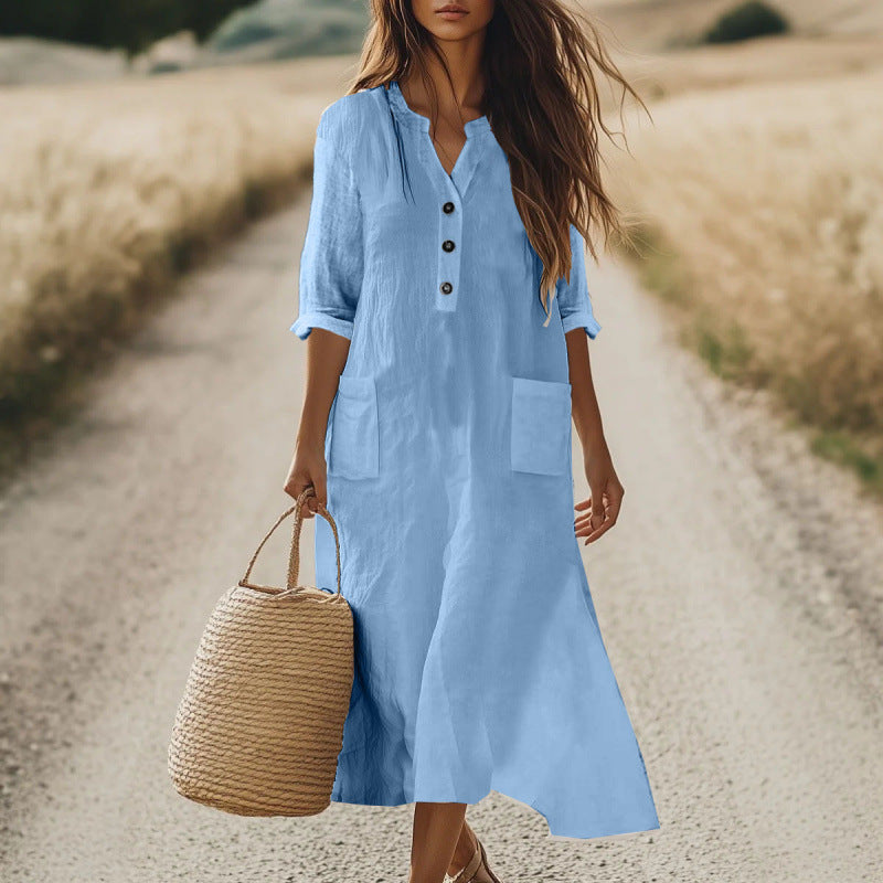 Women's Solid-Color Loose Bohemian Resort Cotton-Linen Dress With Pockets