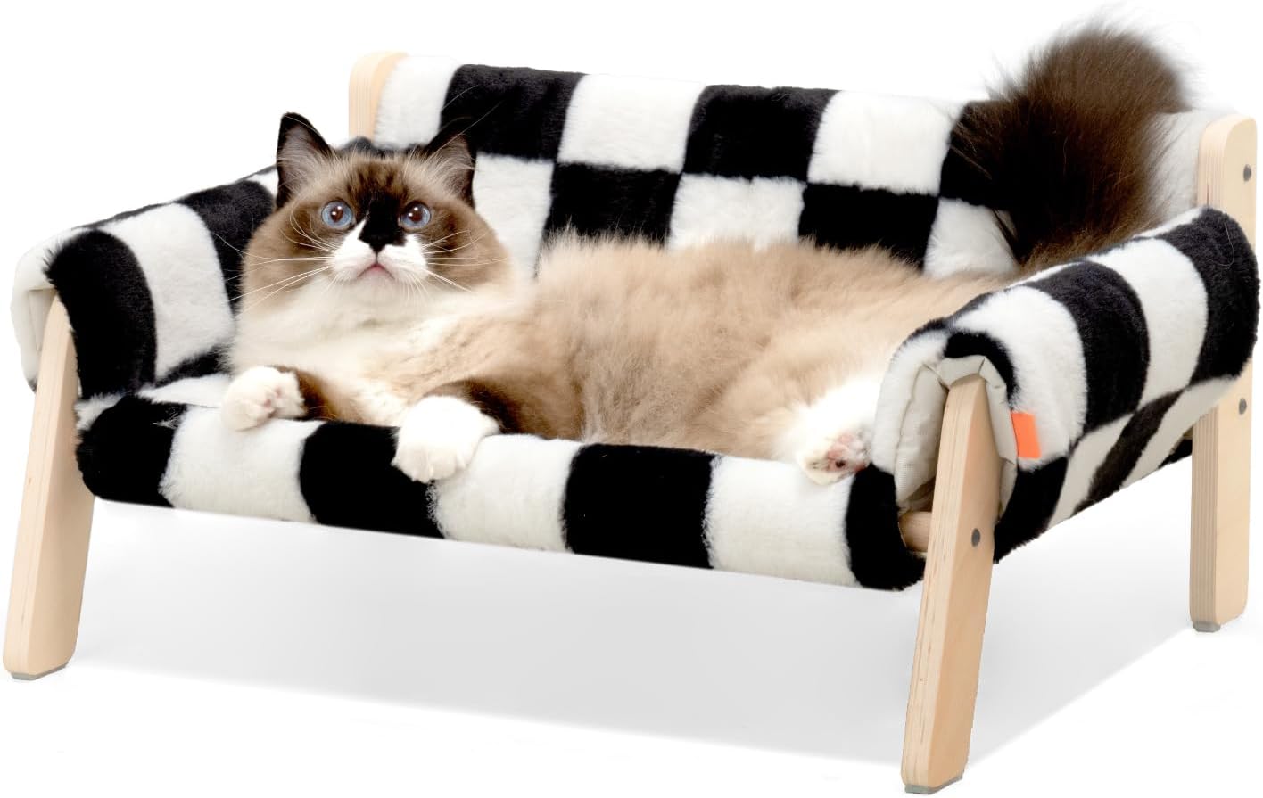 MEWOOFUN Raised Cat Bed With Wooden Legs - Sturdy Cat Sofa Holds 15kg, 56x45cm Soft Checkerboard Couch With Removable Washable Cover For Indoor Cats & Kittens