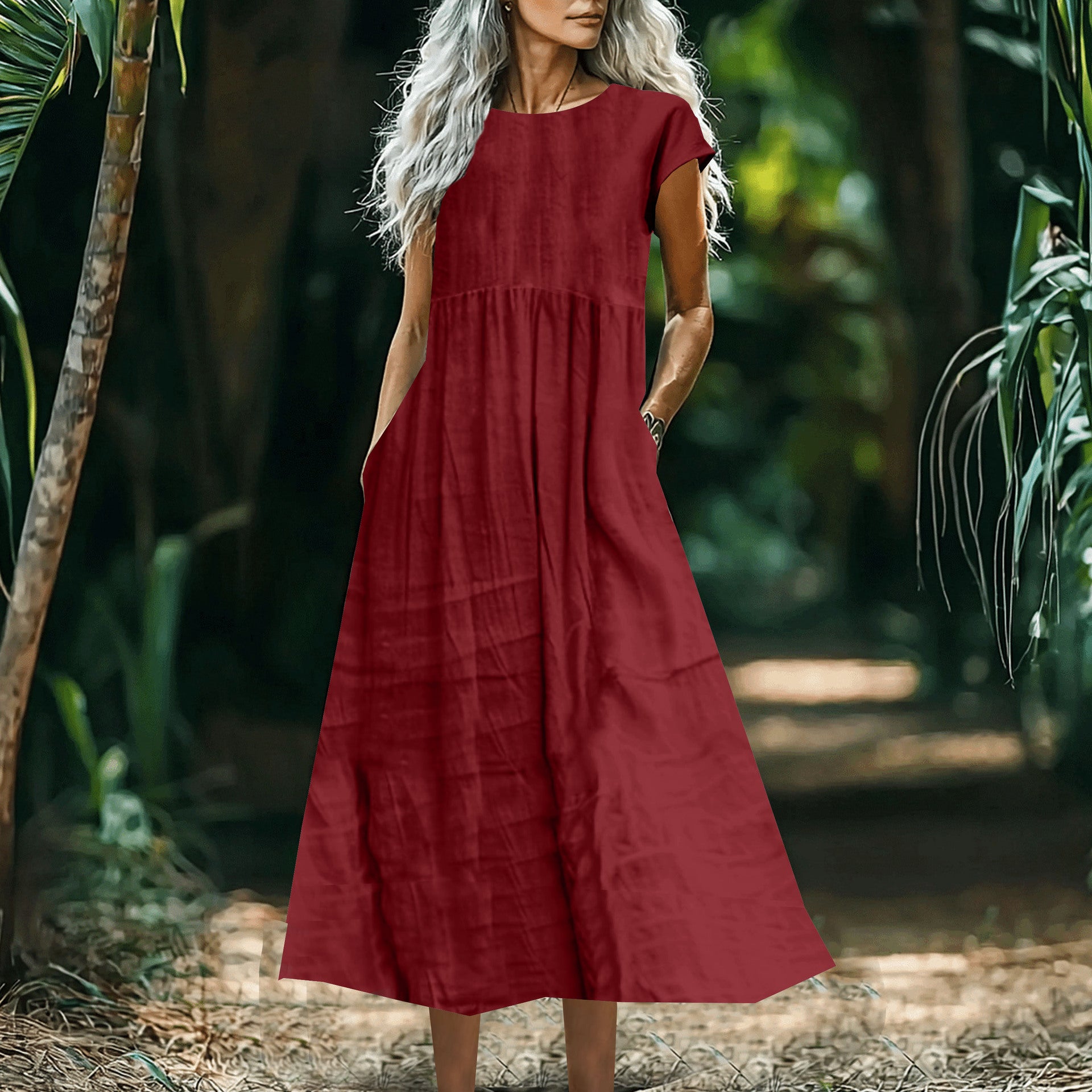 Women's Solid-Color Loose-Fitting All-Match Cotton-Linen Dress With Pockets