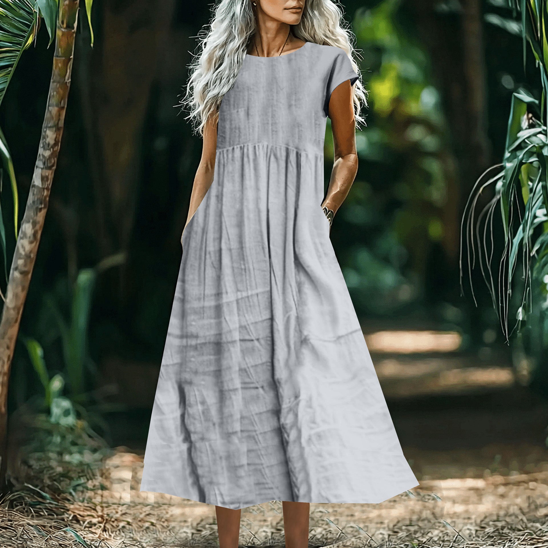 Women's Solid-Color Loose-Fitting All-Match Cotton-Linen Dress With Pockets