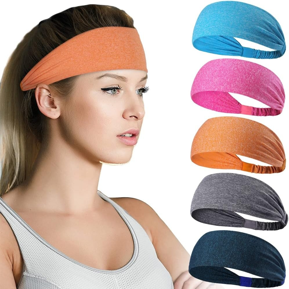 Sports Headbands For Men & Women -5 Pack, Wicking Sweatbands, Elastic Non Slip Sweat Bands, Athletic Workout Fashion Wide Hair Bands For Running, Cycling, Basketball, Yoga