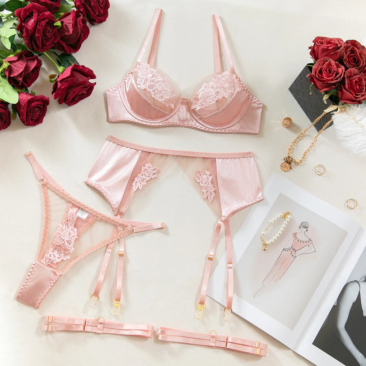 French Style Sexy Three-Point See-Through Lingerie Mesh Embroidery Patchwork Push-Up Bra Thong Four-Piece Set