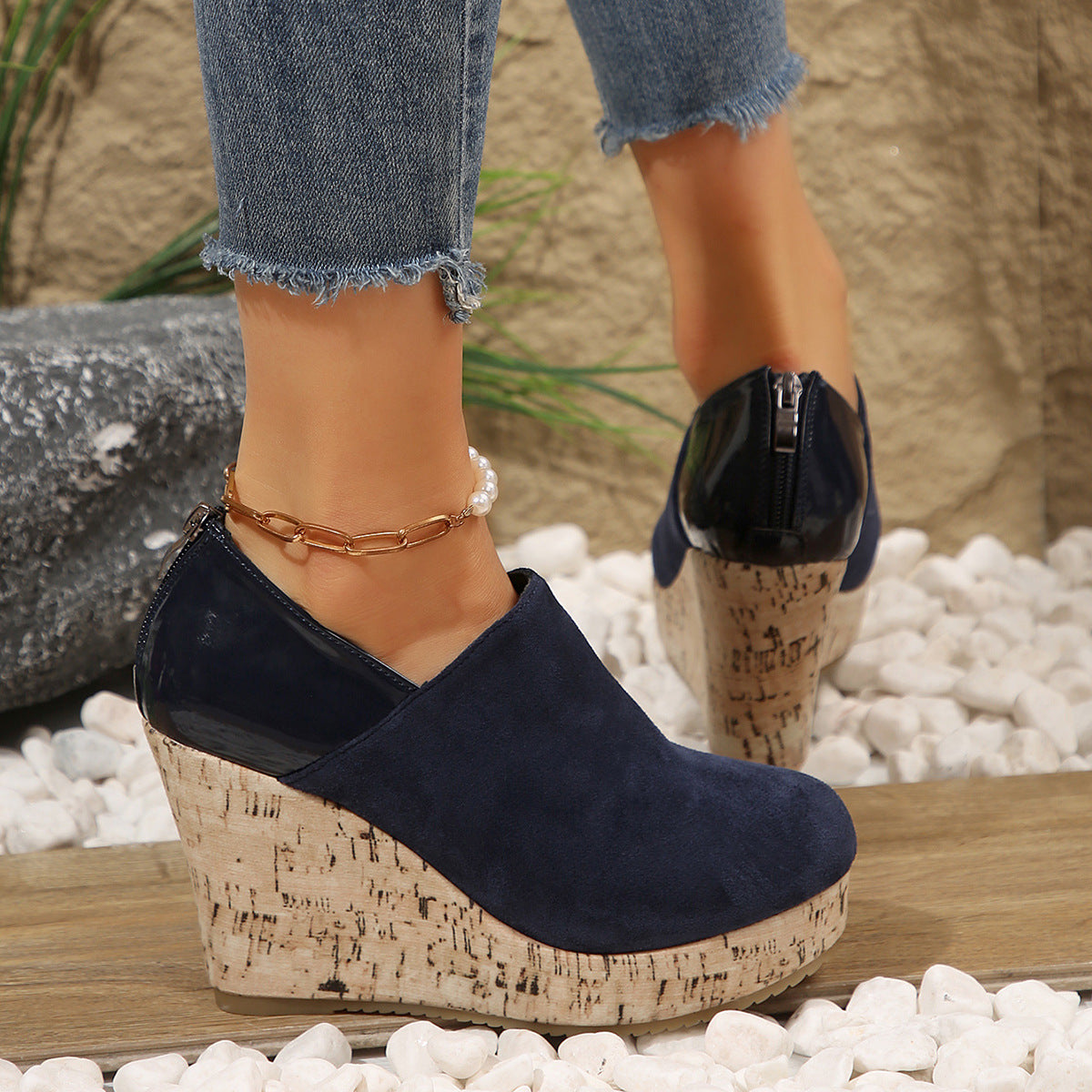 Women's Wedge Heels Spring 2025 New Arrival Suede And Leather Patchwork Design