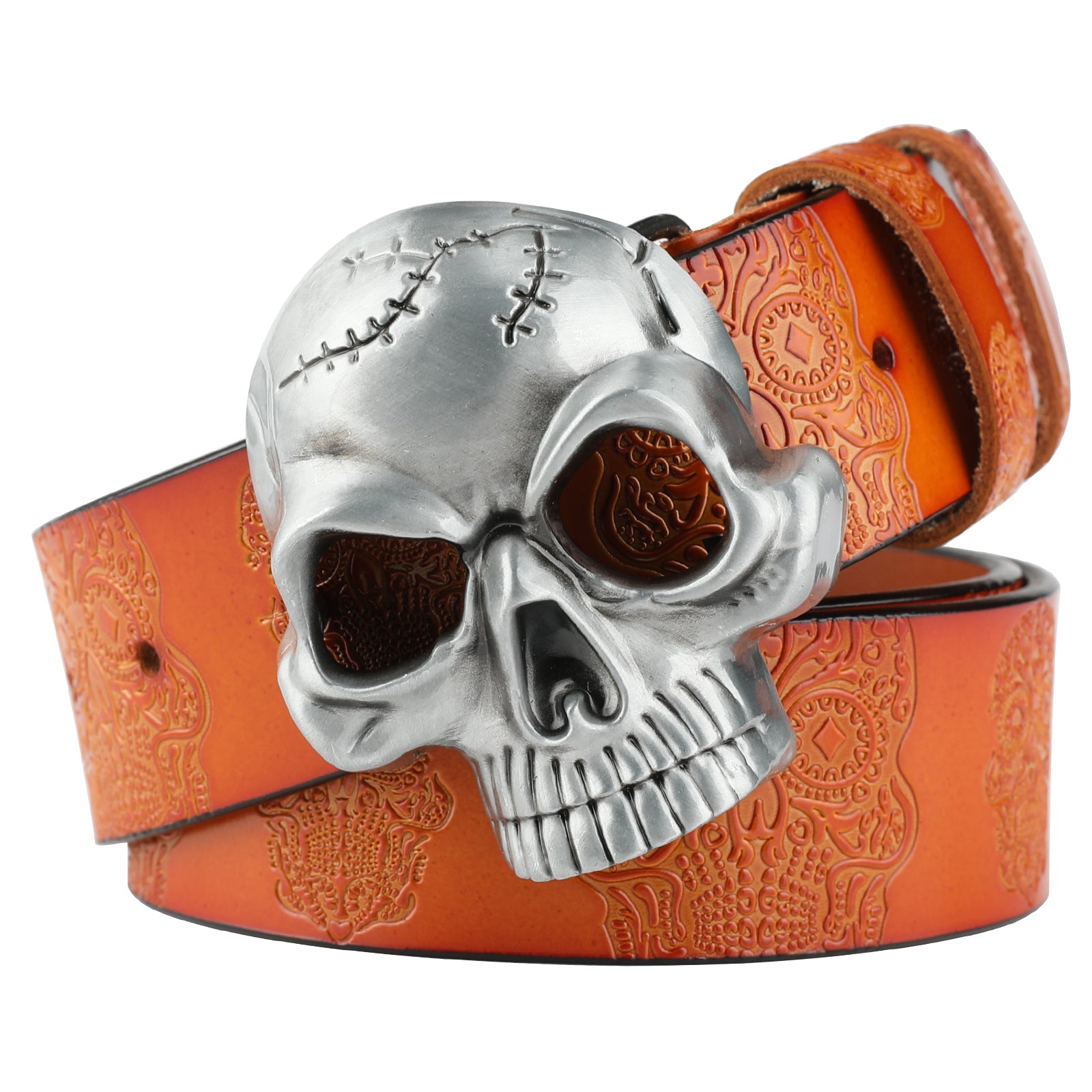 Leather Belt With Embossed Ghost Head Design And Smooth Skull Buckle