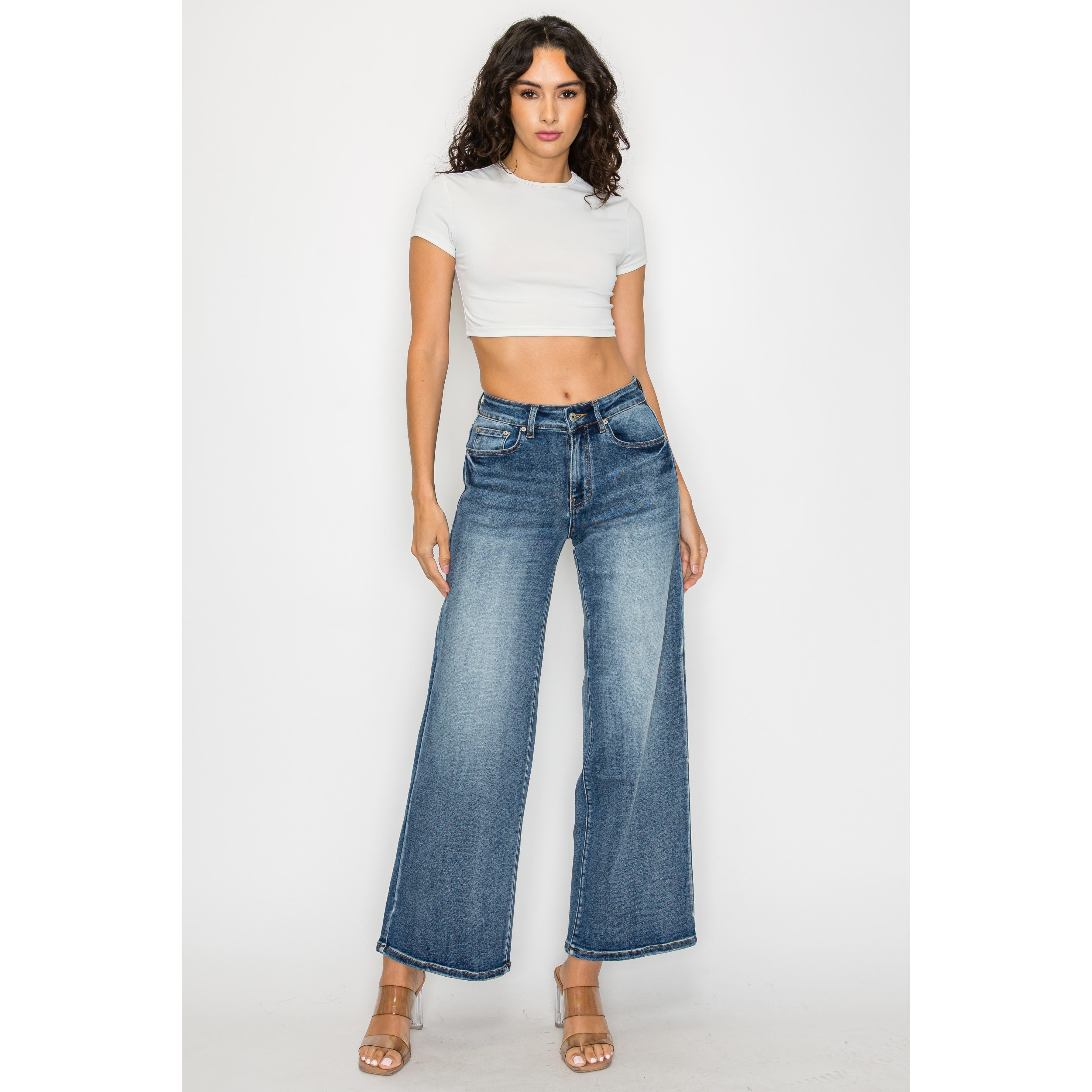 Dark Blue Plus Size High-Waisted Flare Pants Wide-Leg Trousers For Curvy Women