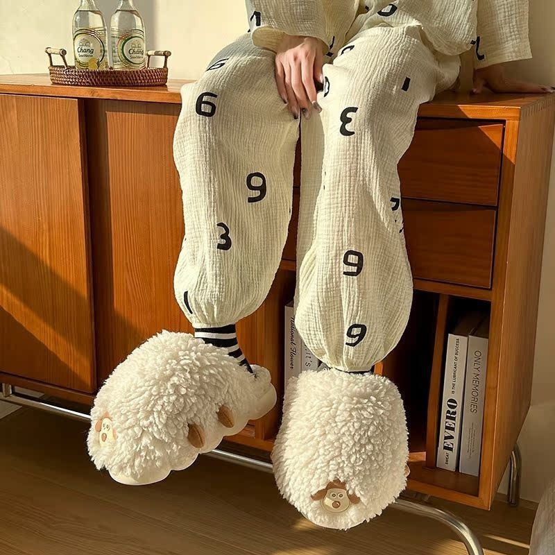 New Women's Winter Cartoon Sheepskin Cotton Slippers For Indoor Wear