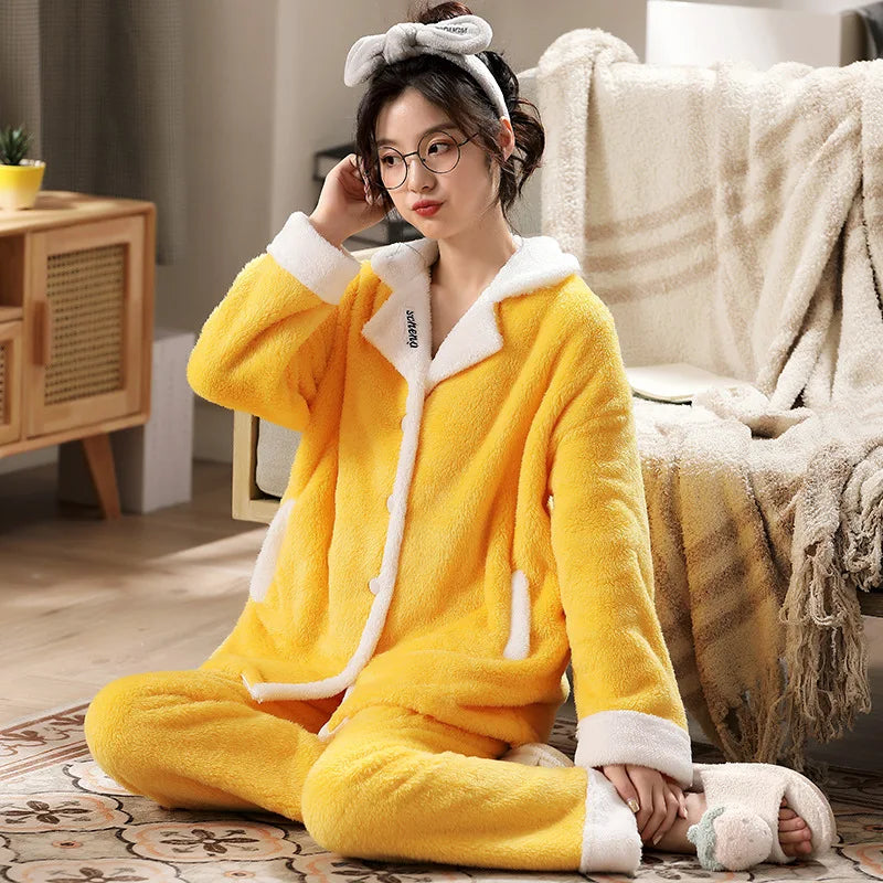 Autumn and Winter Flannel Cartoon Plus Women's Coral Fleece Home Suit Set in European and American Plus Size Sleepwear Homewear