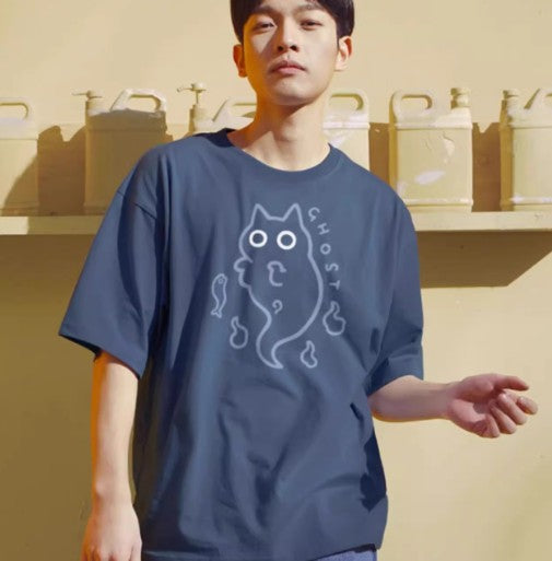 Loose-fit Pure-cotton Short-sleeve T-shirt With Cat Transparent Ghost Design