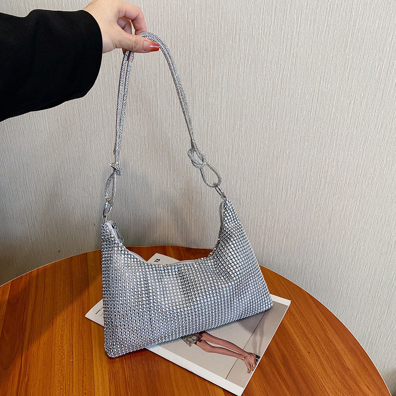 Women's Solid-Color Shiny Faux Rhinestone Zipper-Knotted Shoulder Bag