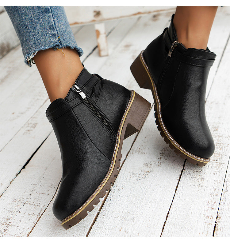 Low-heeled Leather Belt-buckle Plus-size Round-toe Ankle Boots