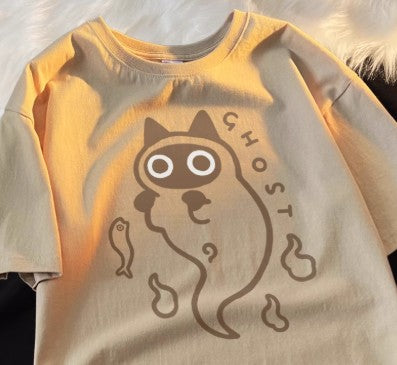 Loose-fit Pure-cotton Short-sleeve T-shirt With Cat Transparent Ghost Design