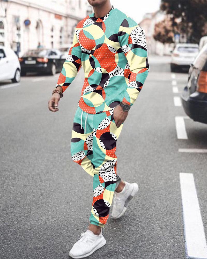Long Sleeve Sports Two Piece Round Neck Casual Print Men's Sweater Suit Top