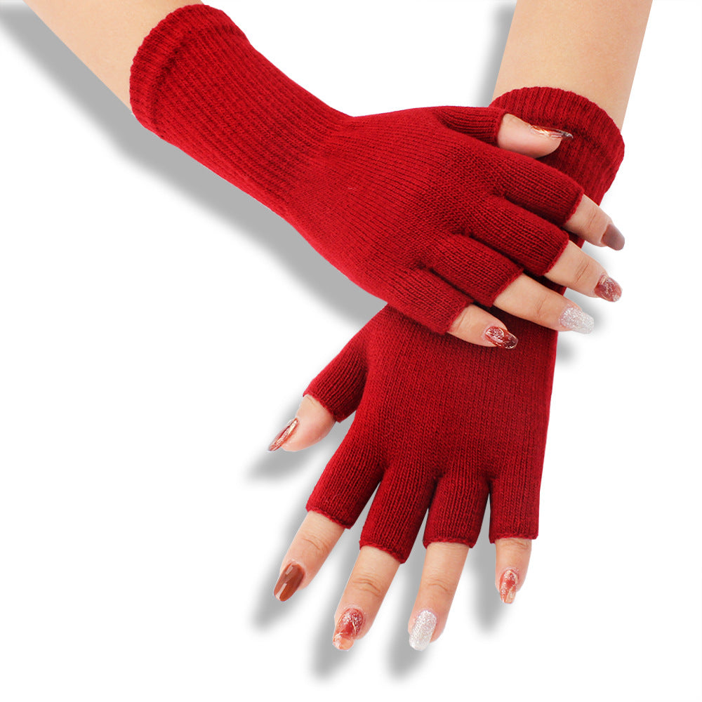 Solid-color Fashionable Acrylic Long-sleeve Ribbed Half-finger Thermal Gloves