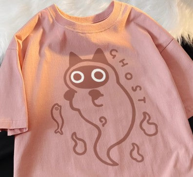 Loose-fit Pure-cotton Short-sleeve T-shirt With Cat Transparent Ghost Design