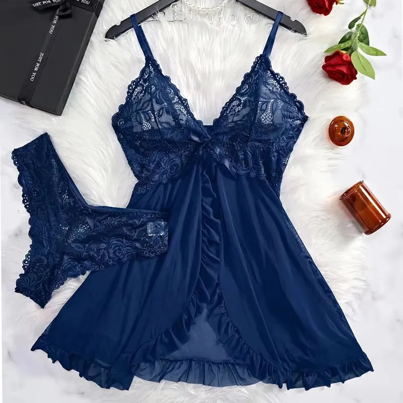 Transparent Red Sexy Lingerie Women's Underwear See Through Sleepwear Lace Nightdress And Panty Pijamas Sets Female Sexy Nighty