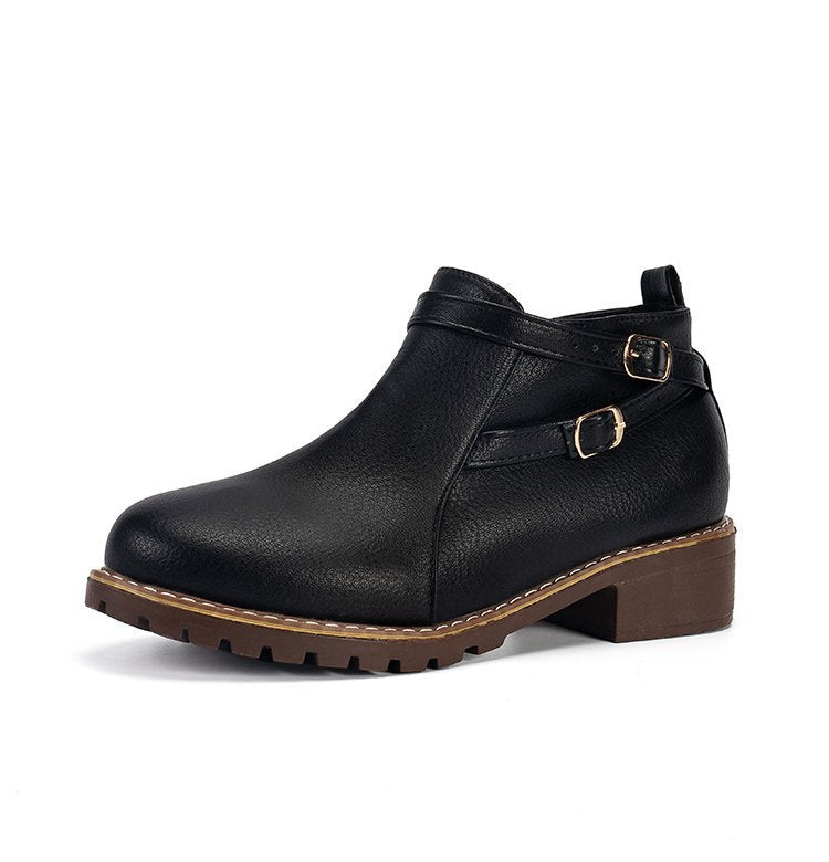 Low-heeled Leather Belt-buckle Plus-size Round-toe Ankle Boots