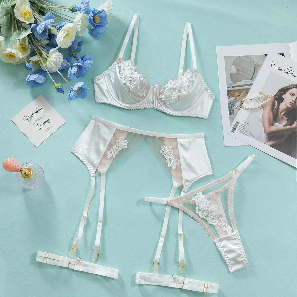 French Style Sexy Three-Point See-Through Lingerie Mesh Embroidery Patchwork Push-Up Bra Thong Four-Piece Set