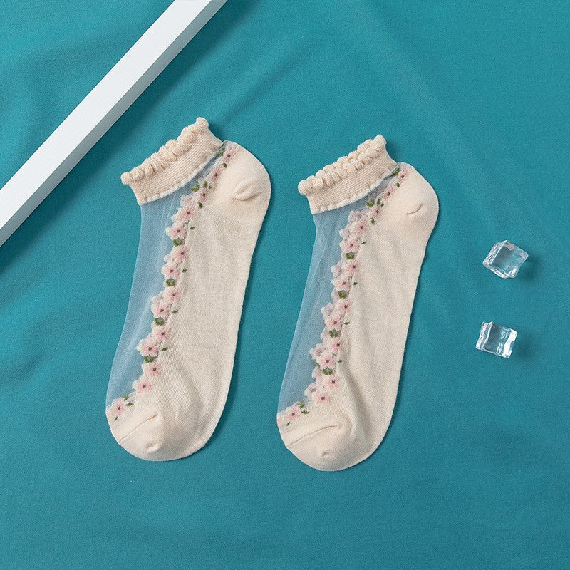 Women's Thin Spun Glass Lace Crystal Boat Socks