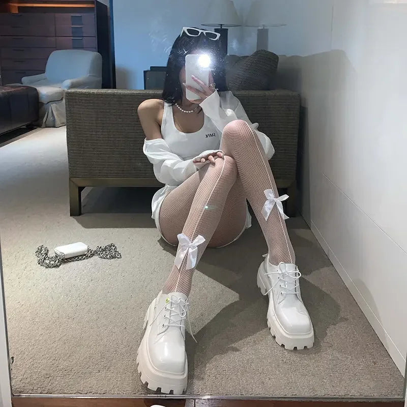 Women Sexy Mesh Fishnet Tights Stockings Pantyhose Bows Transparent Gothic Party Club White Black Women Lolita Socks Lingeries