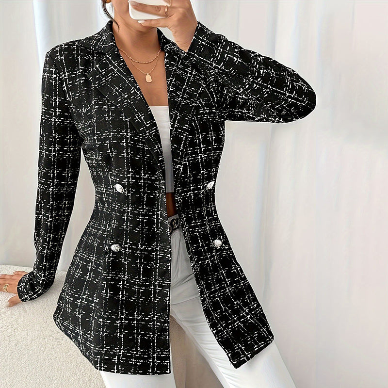 Elegant Women's Plaid Double-Breasted Blazer, Notch Lapel Long Sleeve Tweed Jacket For Office And Casual Wear