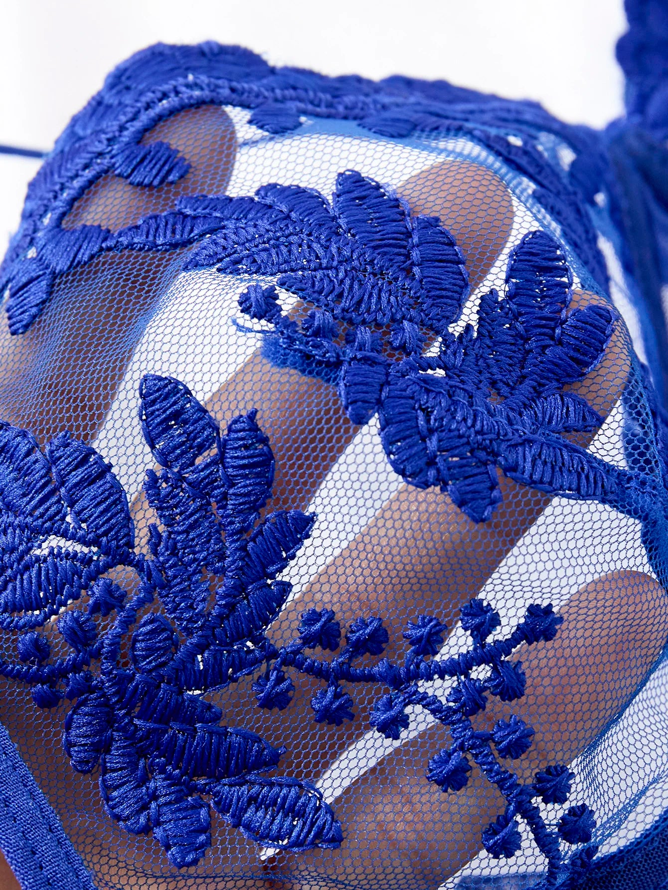 Ladies' blue countryside style wheat ear embroidery semi transparent nightgown, elegant and comfortable, bow design ZA825066