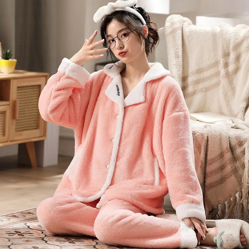 Autumn and Winter Flannel Cartoon Plus Women's Coral Fleece Home Suit Set in European and American Plus Size Sleepwear Homewear