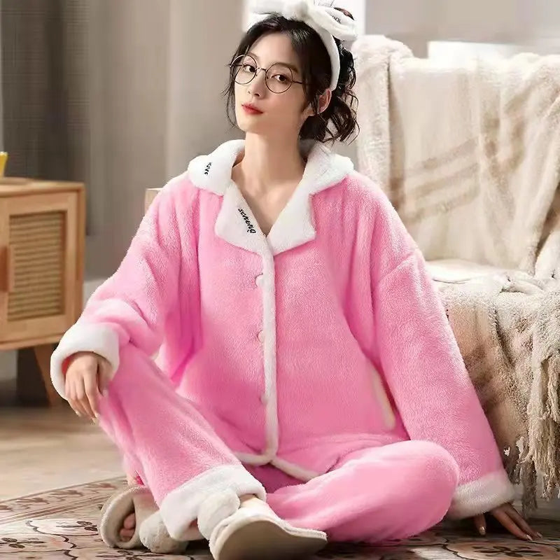 Autumn and Winter Flannel Cartoon Plus Women's Coral Fleece Home Suit Set in European and American Plus Size Sleepwear Homewear