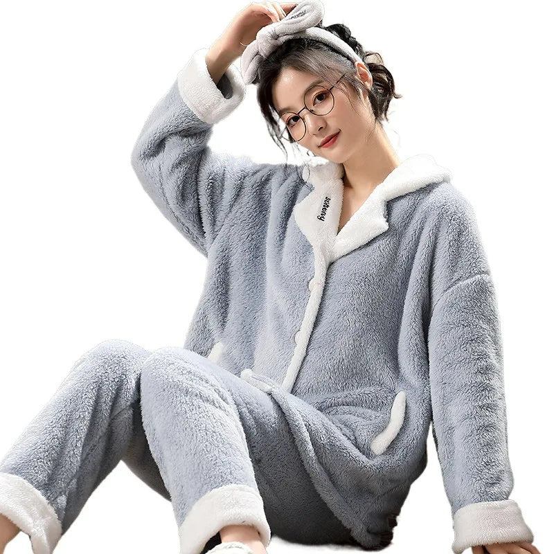 Autumn and Winter Flannel Cartoon Plus Women's Coral Fleece Home Suit Set in European and American Plus Size Sleepwear Homewear