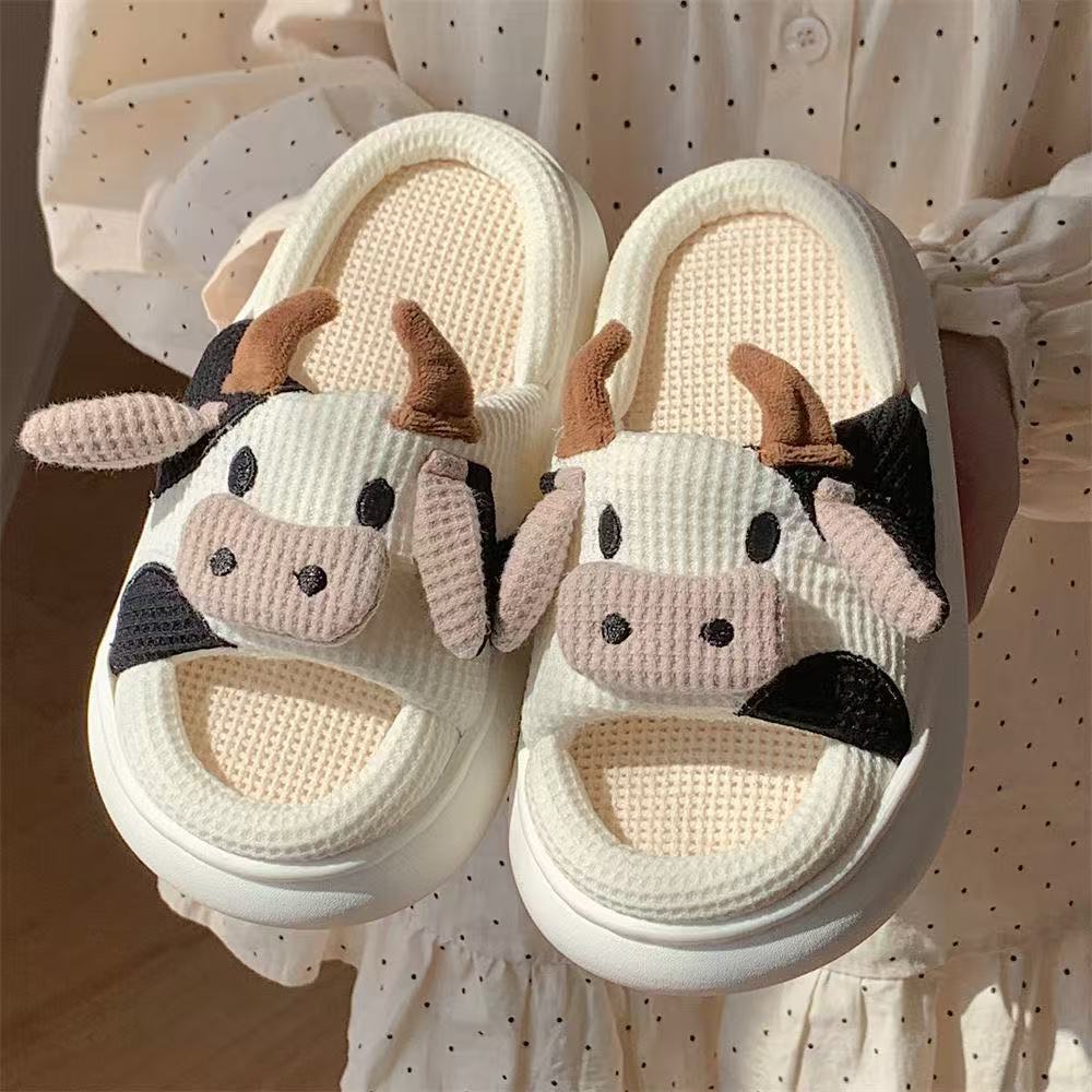 Cute Cow Linen Slippers For Women