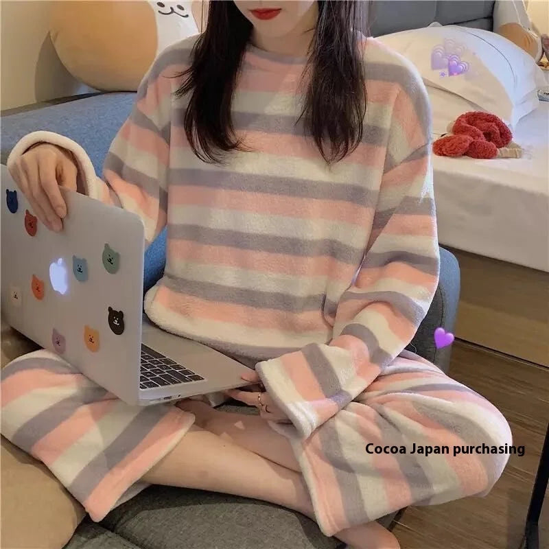 Large Size Pajama Woman Winter Coral Velvet Student Homewear Two-Piece Wearable Round Neck Long Sleeve Long Trousers Flannel Paj