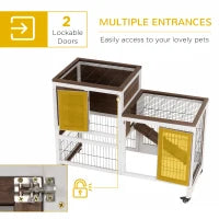 PawHut Wooden Rabbit Hutch Elevated Bunny Cage Indoor Small Animal Habitat With Enclosed Run With Wheels, Ramp, Removable Tray For Rabbits, Chickens, Ducks, Guinea Pigs, Brown