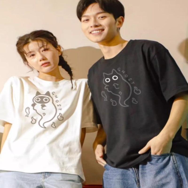 Loose-fit Pure-cotton Short-sleeve T-shirt With Cat Transparent Ghost Design