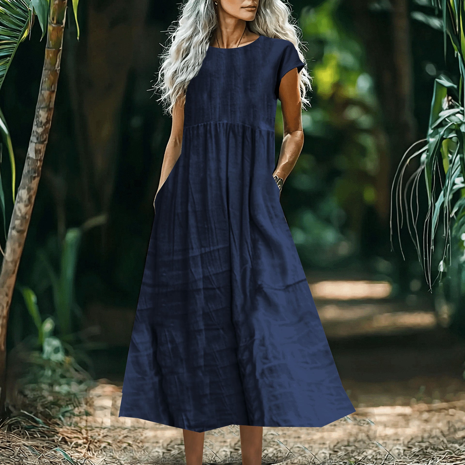 Women's Solid-Color Loose-Fitting All-Match Cotton-Linen Dress With Pockets