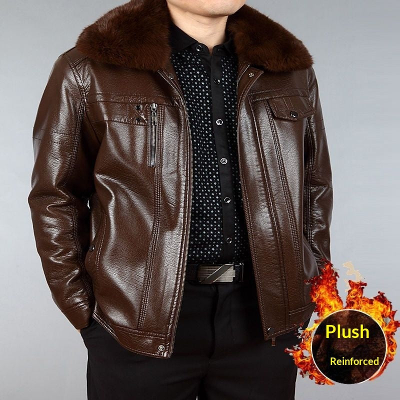 Mens Leather Jacket With Lapel And Fur Collar For Middle-Aged