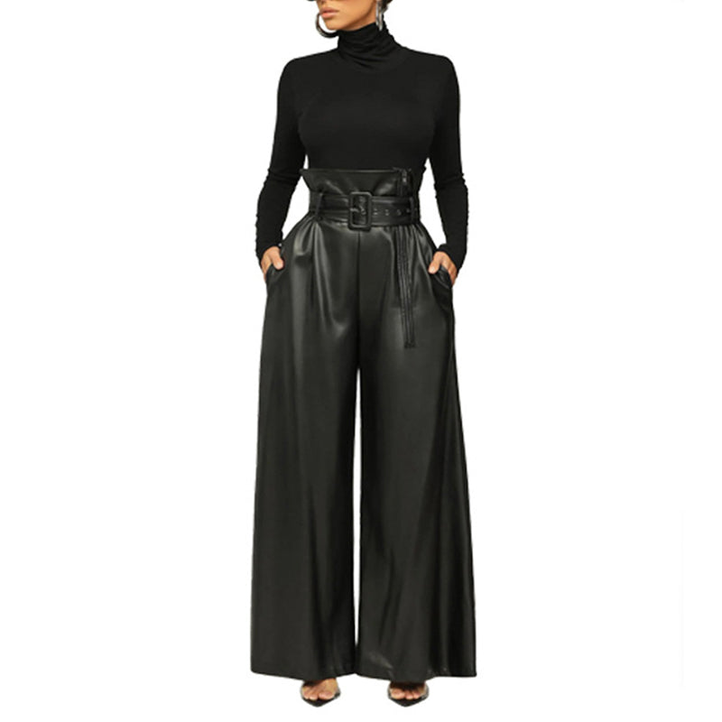 Women's Fashion High-Waisted PU Wide-Leg Pants, Solid Color Metal Belt Detail Trousers With Pockets