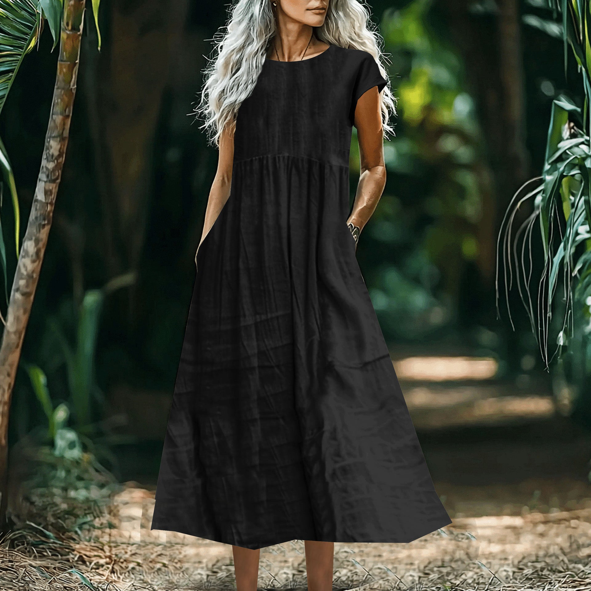 Women's Solid-Color Loose-Fitting All-Match Cotton-Linen Dress With Pockets