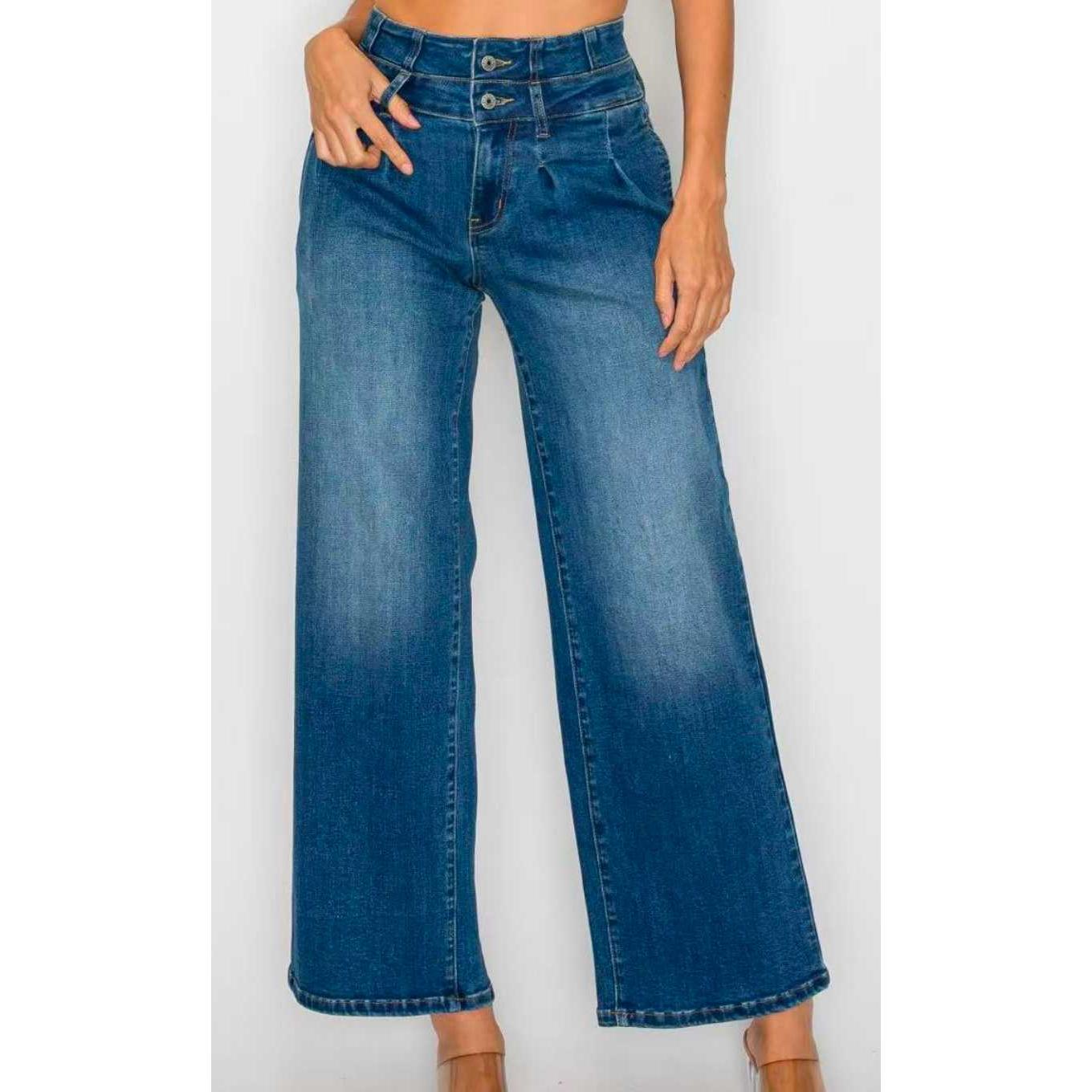 Women's Medium Blue Elastic Waist Jeans - Wide Leg Casual Denim