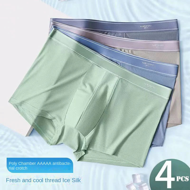 4pcs Boxer Shorts Men's Ice Silk Underwear Male Underpants Breathable Sexy Thin Panties U Convex Lingerie Wholesale Lots L-6XL