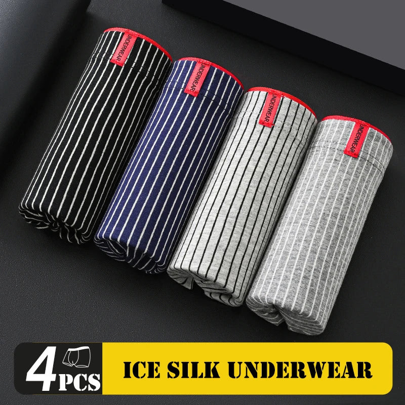 4pcs Boxer Shorts Men's Ice Silk Underwear Male Underpants Breathable Sexy Thin Panties U Convex Lingerie Wholesale Lots L-6XL