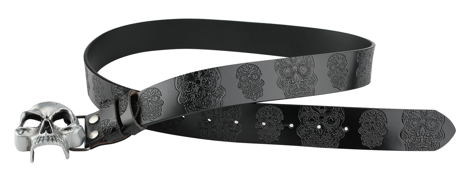 Leather Belt With Embossed Ghost Head Design And Smooth Skull Buckle