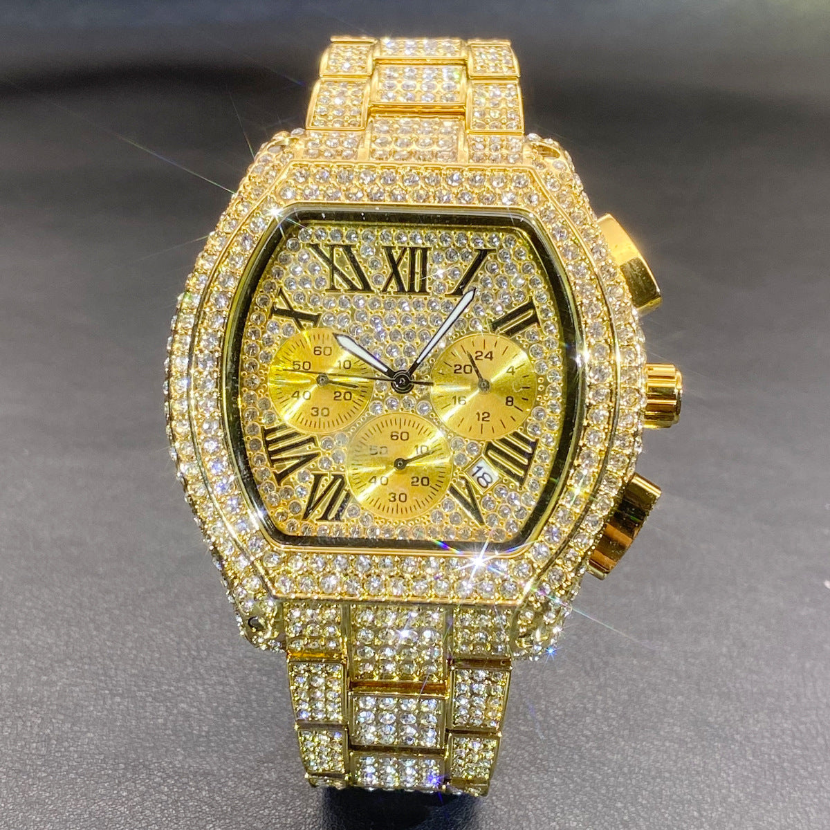 Hip Hop Men's Full Diamond Multi-function Chronograph Luminous Tonneau Quartz Watch