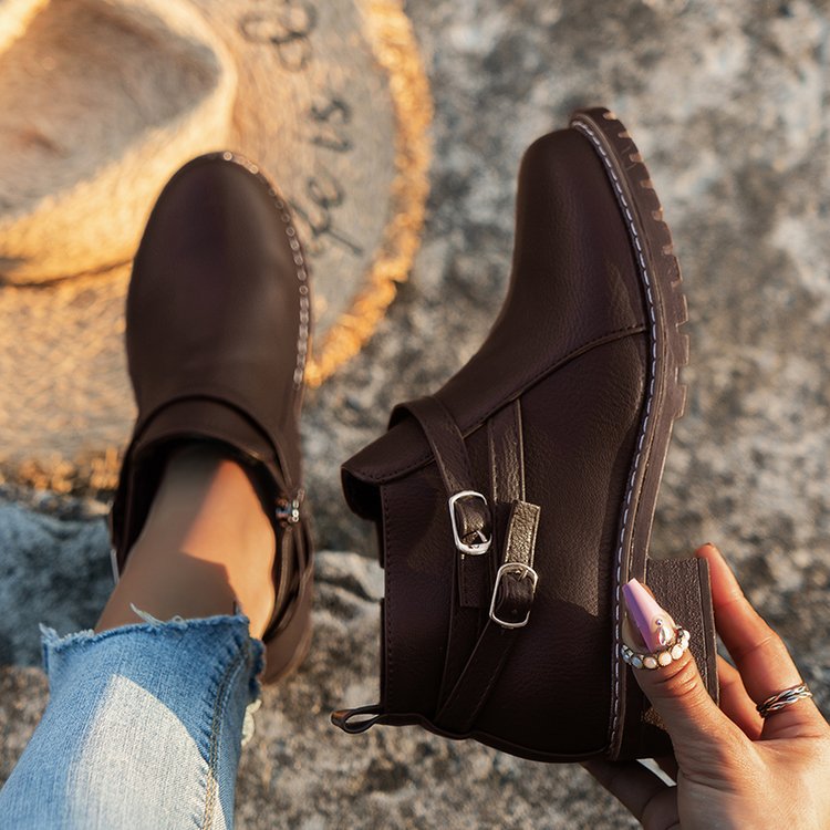 Low-heeled Leather Belt-buckle Plus-size Round-toe Ankle Boots