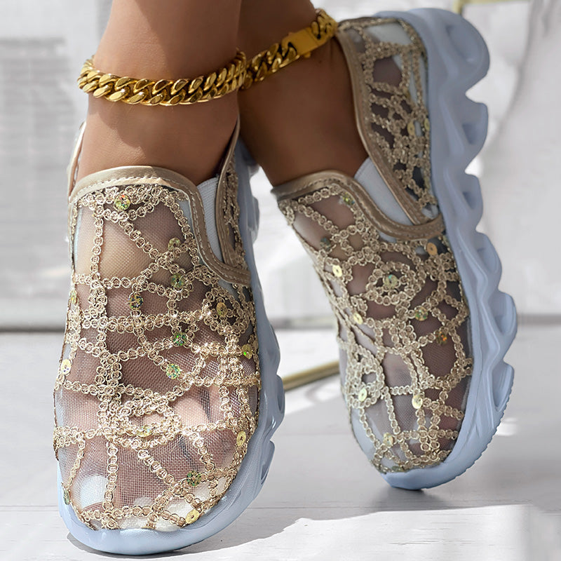 Contrast Glitter Transparent Mesh Patch Breathable Sneakers - Without Ankle Strap