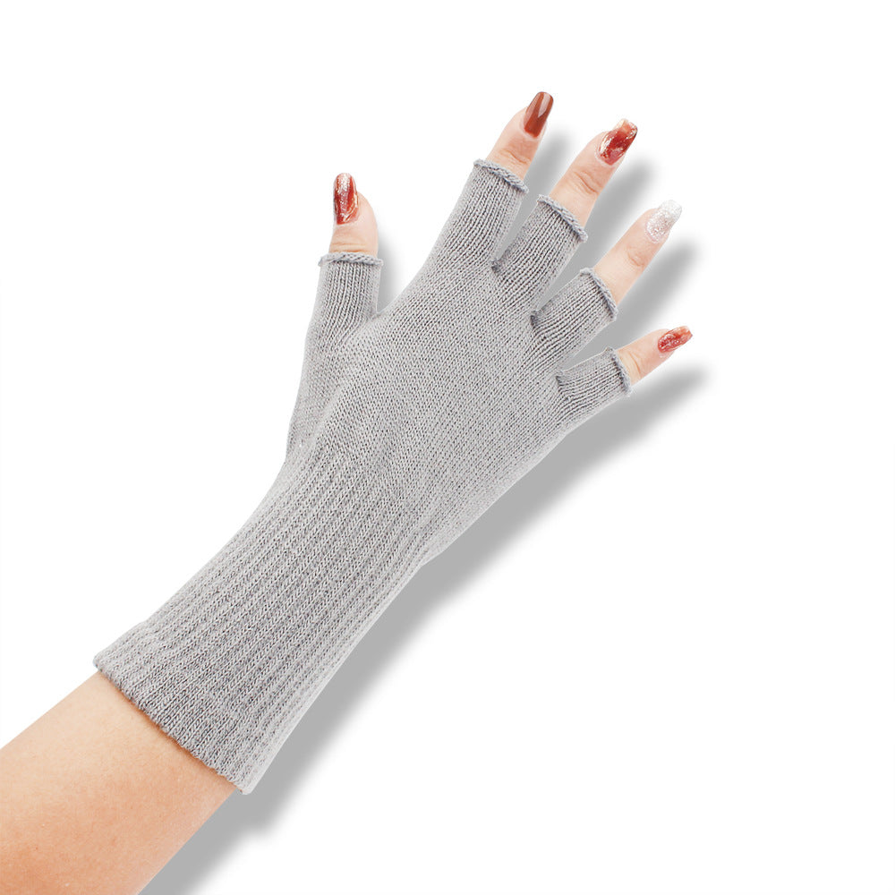 Solid-color Fashionable Acrylic Long-sleeve Ribbed Half-finger Thermal Gloves