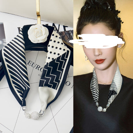 Magnetic Buckle Silk Women Scarf Pearl Necklace