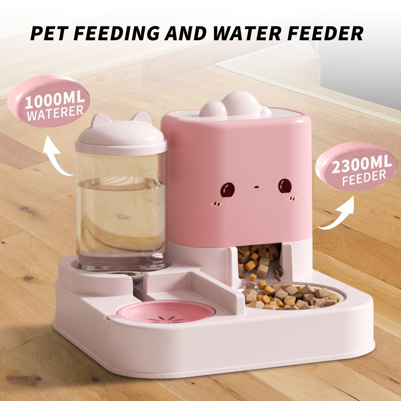 Super Cute Pink Cartoon Shaped Pet Feeding And Drinking Device, Filled With Cute Elements, Paired With Thoughtful Large Capacity Design, Easily Solves The Problem Of Pet Hunger And Thirst During Short