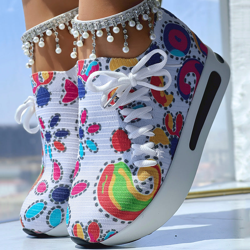Women's Random Print Side Lace-Up Elastic Sport Shoes, Comfortable Slip-On Sneakers For Women, Casual Daily Wear Footwear
